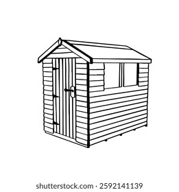 Contour line of wooden house barn, temporary building, black monochrome vector