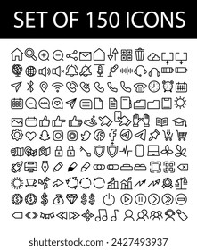 
Contour linear icons for interface, business cards, locations, contacts, finance. Large set. Phone, Internet, mobile data, WiFi, storage, protection, avatar.