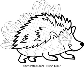 Contour linear illustration with animal for coloring book. Cute hedgehog, anti stress picture. Line art design for adult or kids  in zentangle style and coloring page.