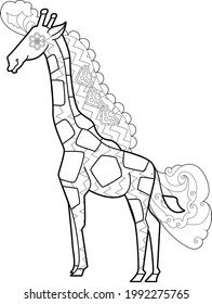 Contour linear illustration with animal for coloring book. Cute jiraffe, anti stress picture. Line art design for adult or kids  in zentangle style and coloring page.