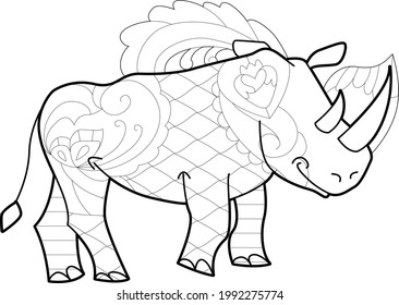 Contour linear illustration with animal for coloring book. Cute rhino, anti stress picture. Line art design for adult or kids  in zentangle style and coloring page.