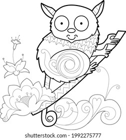 Contour linear illustration with animal for coloring book. Cute tarsier, anti stress picture. Line art design for adult or kids  in zentangle style and coloring page.