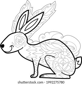 Contour linear illustration with animal for coloring book. Cute hare, anti stress picture. Line art design for adult or kids  in zentangle style and coloring page.