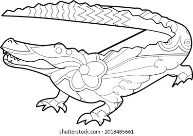 Contour linear illustration with animal crocodile for coloring book. Cute fox, anti stress picture. Line art design for adult or kids  in zentangle style and coloring page.