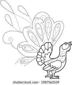 Contour linear illustration with bird for coloring book. Cute capercaillie, anti stress picture. Line art design for adult or kids  in zentangle style and coloring page.