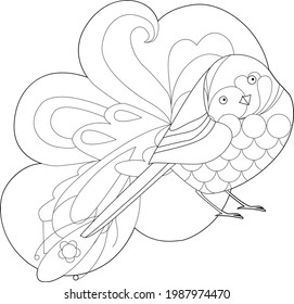 Dibujo lineal de contorno con pájaro para libro de coloreado. Corta gorrión, foto anti estrés. Diseño de líneas de arte para adultos o niños en estilo zentangle y página de coloreo.