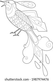 Contour linear illustration with bird for coloring book. Cute sparrow, anti stress picture. Line art design for adult or kids  in zentangle style and coloring page.