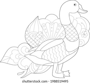 Contour linear illustration with bird for coloring book. Cute duck, anti stress picture. Line art design for adult or kids  in zentangle style and coloring page.
