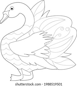Contour linear illustration with bird for coloring book. Cute swan, anti stress picture. Line art design for adult or kids  in zentangle style and coloring page.