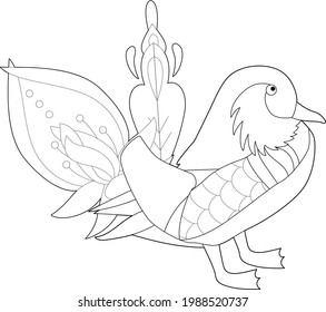 Contour linear illustration with bird for coloring book. Cute duck, anti stress picture. Line art design for adult or kids  in zentangle style and coloring page.