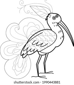 Contour linear illustration with bird for coloring book. Cute ibis, anti stress picture. Line art design for adult or kids  in zentangle style and coloring page.