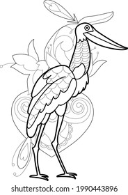 Contour linear illustration with bird for coloring book. Cute jabiru, anti stress picture. Line art design for adult or kids  in zentangle style and coloring page.