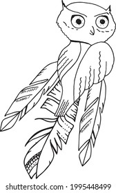 Contour linear illustration with bird for coloring book. Cute owl, anti stress picture. Line art design for adult or kids  in zentangle style and coloring page.