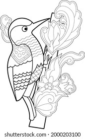 Contour linear illustration with bird for coloring book. Cute woodpecker, anti stress picture. Line art design for adult or kids  in zentangle style and coloring page.