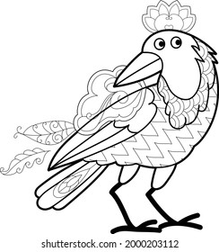 Dibujo lineal de contorno con pájaro para libro de coloreado. Corto cuervo, foto anti estrés. Diseño de líneas de arte para adultos o niños en estilo zentangle y página de coloreo.