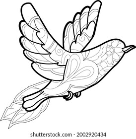 Ilustração linear do contorno com pássaro para livro de coloração. Pomba bonita, foto anti estresse. Design de arte de linha para adultos ou crianças em estilo zentangle e página de coloração.
