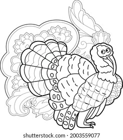 Dibujo lineal de contorno con pájaro para libro de coloreado. Pavo lindo, foto anti estrés. Diseño de líneas de arte para adultos o niños en estilo zentangle y página de coloreo.