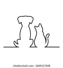 Dibujo lineal de contorno de un gato y un perro sobre un fondo blanco