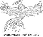 Contour linear illustration for coloring book with decorative phoenix. Beautiful fancy bird,  anti stress picture. Line art design for adult or kids  in zen-tangle style, tatoo and coloring page.