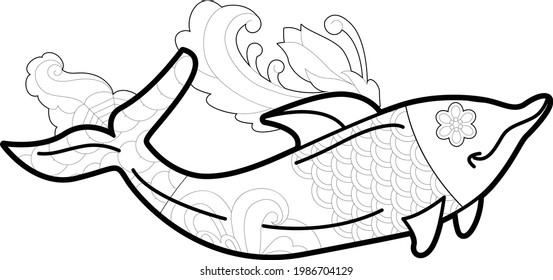 Contour linear illustration for coloring book. Cute dolphin, anti stress picture. Line art design for adult or kids  in zentangle style and coloring page.