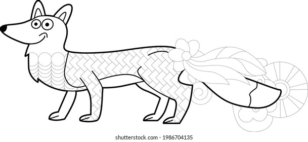 Contour linear illustration for coloring book. Cute animal fox, anti stress picture. Line art design for adult or kids  in zentangle style and coloring page.