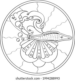 Ilustración lineal de contorno para libro de coloreado. Hermoso pez en círculo, foto anti estrés. Diseño de líneas de arte para adultos o niños en estilo zentangle y página de coloreo.