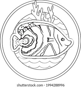 Lineare Abbildung für das Farbbuch. Schöne Fische im Kreis, Anti-Stress-Bild. Line Art Design für Erwachsene oder Kinder in zentangle Stil und Farbseite.