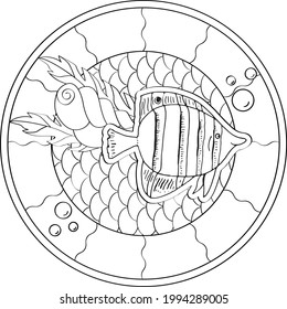 Contour linear illustration for coloring book. Beautiful fish in circle, anti stress picture. Line art design for adult or kids  in zentangle style and coloring page.