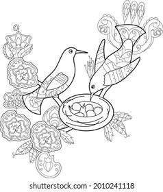 Contour linear illustration for coloring book with paradise bird. Beautiful tropical exotic bird,  anti stress picture. Line art design for adult or kids  in zentangle style and coloring page.