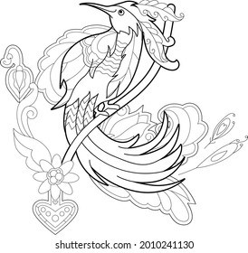 Contour linear illustration for coloring book with paradise bird. Beautiful tropical exotic bird,  anti stress picture. Line art design for adult or kids  in zentangle style and coloring page.