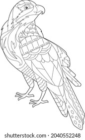 Dibujo lineal de contorno para libro de coloreado con falcón decorativo. Hermoso pájaro depredador, foto anti estrés. Diseño de líneas de arte para adultos o niños en estilo zen-margle, tatuaje y página de colorear.