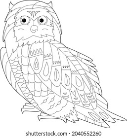 Contour linear illustration for coloring book with decorative owl. Beautiful predatory  bird,  anti stress picture. Line art design for adult or kids  in zen-tangle style, tatoo and coloring page.