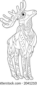 Contour linear illustration for coloring book with decorative moose. Beautiful animal moose,  anti stress picture. Line art design for adult or kids  in zen-tangle style, tatoo and coloring page.