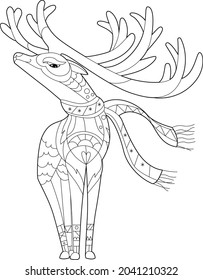 Contour linear illustration for coloring book with decorative deer. Beautiful animal reindeer,  anti stress picture. Line art design for adult or kids  in zen-tangle style, tatoo and coloring page.