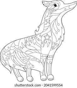 Contour linear illustration for coloring book with pretty cute fox. Beautiful animal,  anti stress picture. Line art design for adult or kids  in zen-tangle style, tattoo and coloring page.