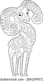Contour linear illustration for coloring book with pretty cute bighorn. Beautiful animal,  anti stress picture. Line art design for adult or kids  in zen-tangle style, tattoo and coloring page.