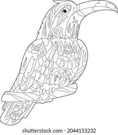 Contour linear illustration for coloring book with decorative toucan. Beautiful tropic bird,  anti stress picture. Line art design for adult or kids  in zen-tangle style, tatoo and coloring page.