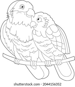 Contour linear illustration for coloring book with decorative parrots. Beautiful tropic bird,  anti stress picture. Line art design for adult or kids  in zen-tangle style, tattoo and coloring page.