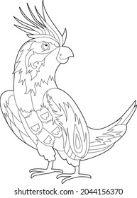 Contour linear illustration for coloring book with decorative parrot. Beautiful tropic bird,  anti stress picture. Line art design for adult or kids  in zen-tangle style, tattoo and coloring page.