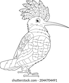 Ilustración lineal de contorno para libro de coloreo con una bonita y decorativa hoopoe. Hermoso pájaro lindo, foto anti estrés. Diseño de líneas de arte para adultos o niños en estilo zen-margle, tatuaje y página de colorear.