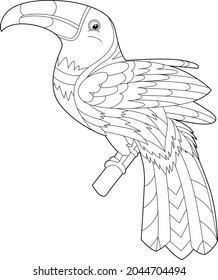 Contour linear illustration for coloring book with decorative pretty toucan. Beautiful cute bird,  anti stress picture. Line art design for adult or kids  in zen-tangle style, tatoo and coloring page.