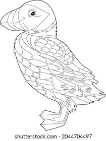 Contour linear illustration for coloring book with decorative pretty puffin. Beautiful cute bird,  anti stress picture. Line art design for adult or kids  in zen-tangle style, tatoo and coloring page.