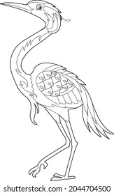 Contour linear illustration for coloring book with decorative pretty heron. Beautiful cute bird,  anti stress picture. Line art design for adult or kids  in zen-tangle style, tatoo and coloring page.