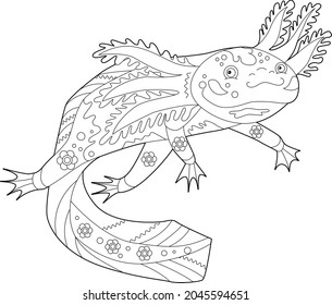 Dibujo lineal de contorno para libro de coloreo con axolotl decorativo. Hermoso animal, foto anti estrés. Diseño de líneas de arte para adultos o niños en estilo zen-margle, tatuajes y página de coloreo.