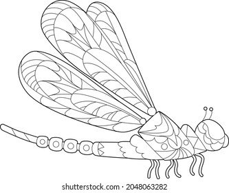 Dibujo lineal de contorno para libro de coloreo con libélula adorable decorativa. Hermoso animal, foto anti estrés. Diseño de líneas de arte para adultos o niños en estilo zen-margle, tatuajes y página de coloreo.