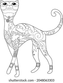 Contour linear illustration for coloring book with decorative domestic cat. Beautiful animal,  anti stress picture. Line art design for adult or kids  in zen-tangle style, tattoo and coloring page.