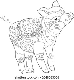 Contour linear illustration for coloring book with decorative domestic pig. Beautiful animal,  anti stress picture. Line art design for adult or kids  in zen-tangle style, tattoo and coloring page.
