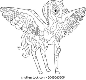 Contour linear illustration for coloring book with decorative fancy pegasus. Beautiful animal,  anti stress picture. Line art design for adult or kids  in zen-tangle style, tattoo and coloring page.