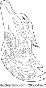 Contour linear illustration for coloring book with decorative fox head. Beautiful animal,  anti stress picture. Line art design for adult or kids  in zen-tangle style, tattoo and coloring page.