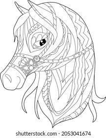 Contour linear illustration for coloring book with decorative horse head. Animal,  anti stress picture. Line art design for adult or kids  in zen-tangle style, tattoo and coloring page.